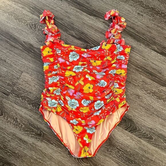 Dauphinette X J.Crew ruched flower-strap one-piece swimsuit in red blooms - Picture 1 of 7